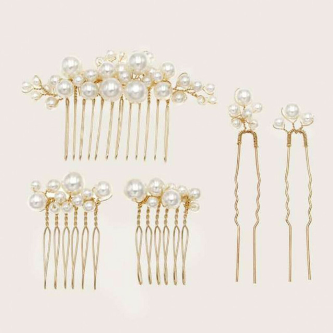 パール　ヘッドドレス5点セット　ウェディング　ゴールド　結婚式　髪飾り レディースのヘアアクセサリー(ヘアピン)の商品写真