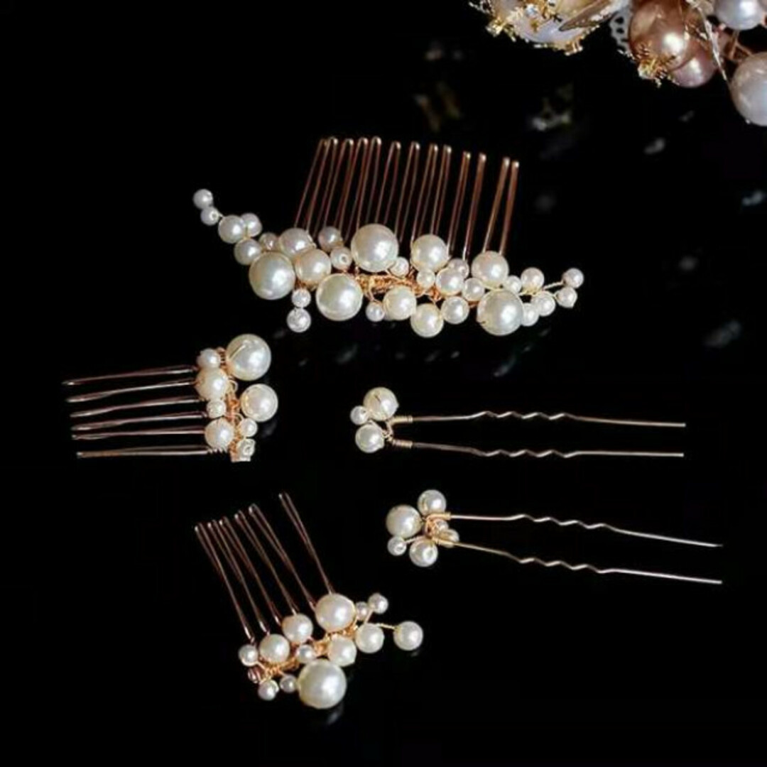 パール　ヘッドドレス5点セット　ウェディング　ゴールド　結婚式　髪飾り レディースのヘアアクセサリー(ヘアピン)の商品写真