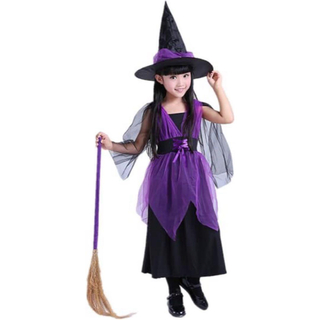 匿名❣️ハロウィン 女の子 コスプレ 110㌢ 魔女 衣装 帽子 紫 ワンピース(衣装一式)