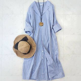 アストラット(ASTRAET)の極美品♪アストラット ASTRAET 開襟 ブルーストライプシャツワンピース(ロングワンピース/マキシワンピース)