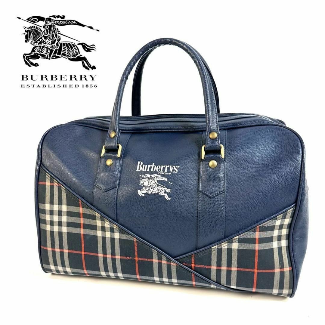 BURBERRY(バーバリー)のBurberry レザー シャドーホース ノバチェック ボストンバッグ ネイビー メンズのバッグ(ボストンバッグ)の商品写真