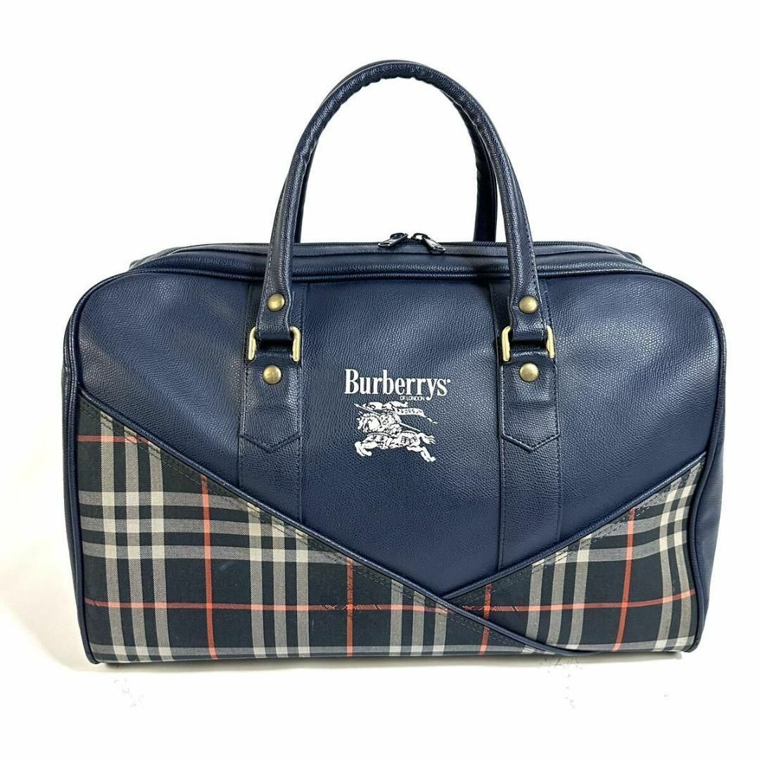 BURBERRY(バーバリー)のBurberry レザー シャドーホース ノバチェック ボストンバッグ ネイビー メンズのバッグ(ボストンバッグ)の商品写真