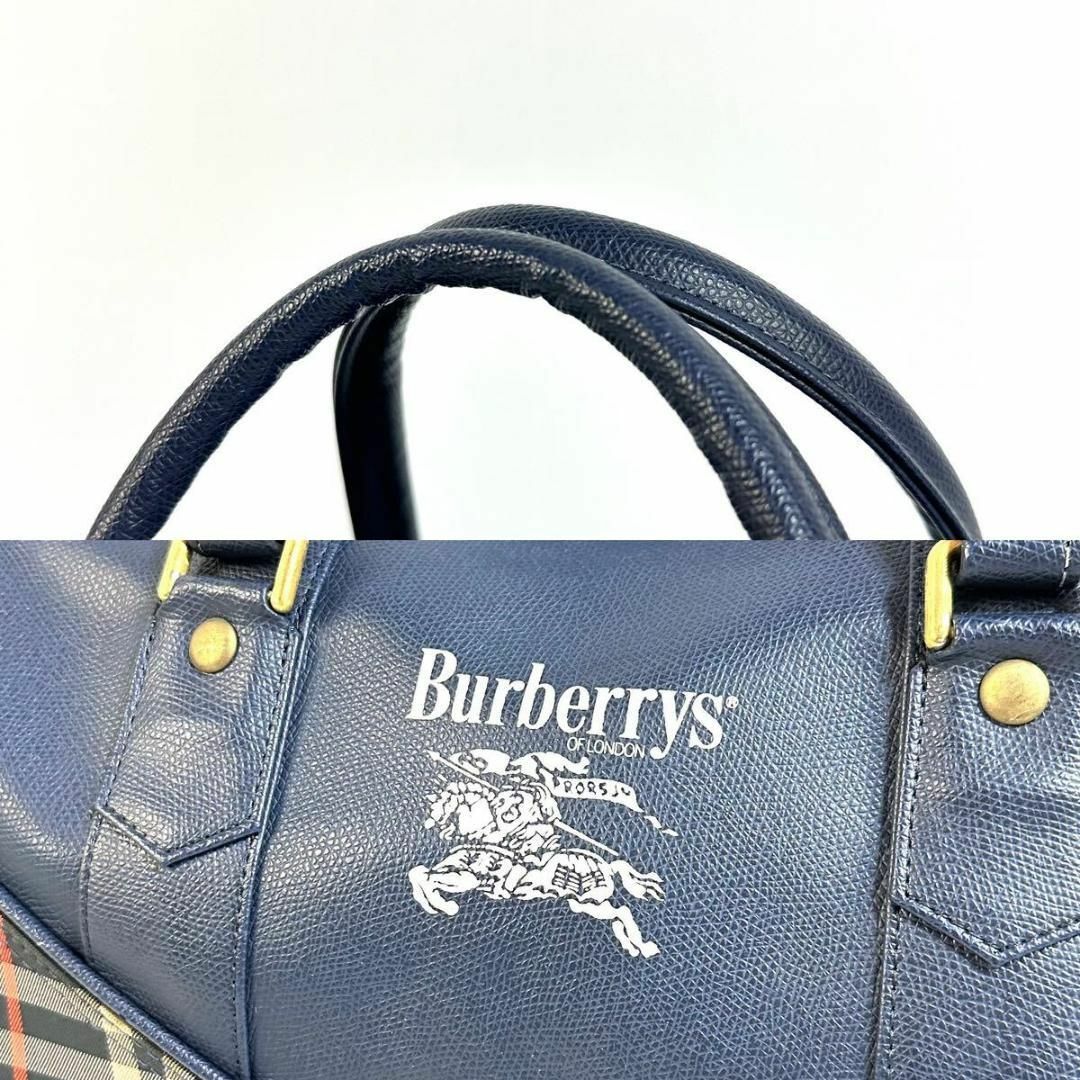 BURBERRY(バーバリー)のBurberry レザー シャドーホース ノバチェック ボストンバッグ ネイビー メンズのバッグ(ボストンバッグ)の商品写真