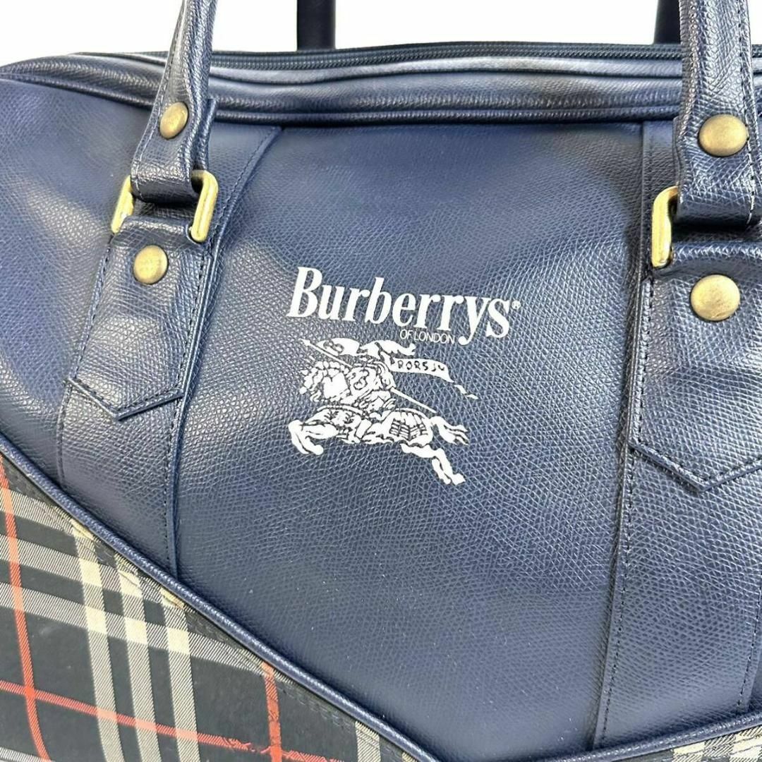 BURBERRY(バーバリー)のBurberry レザー シャドーホース ノバチェック ボストンバッグ ネイビー メンズのバッグ(ボストンバッグ)の商品写真