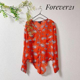 Forever21 変形 花柄 シャツ ブラウス 派手色 シフォン 総柄 M