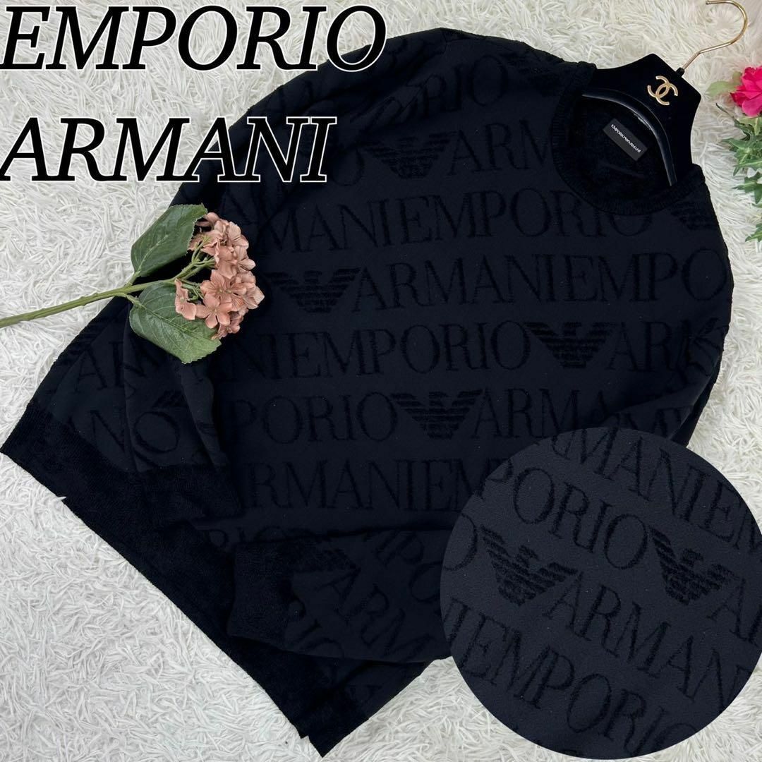 Emporio Armani(エンポリオアルマーニ)のA499 エンポリオアルマーニ メンズ セーター ロゴ総柄 ブラック L 1 メンズのトップス(ニット/セーター)の商品写真