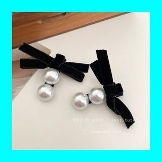 レディース ヘアクリップ  黒 ベルベット リボン パール 可愛い 上品 清楚(バレッタ/ヘアクリップ)