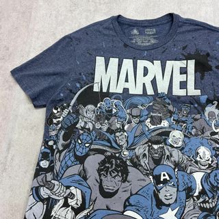 マーベル(MARVEL)の全面プリント　マーベル　アメコミ　ヒーロー　Tシャツ　古着　杢ネイビー　L(Tシャツ/カットソー(半袖/袖なし))