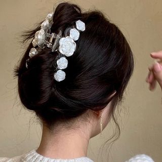 【残２】ヘアクリップ　薔薇　ばら　バラ　バレッタ　髪留め　上品　韓国　ホワイト(バレッタ/ヘアクリップ)