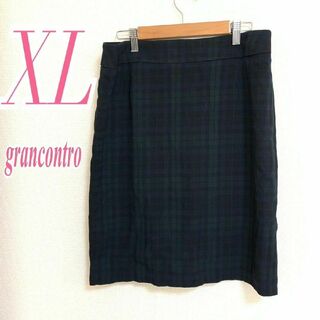 grancontro　タイトスカート　XL　グリーン　ネイビー　チェック(ひざ丈スカート)