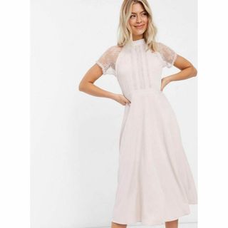 asos - 新品タグ付【UK8】パールピンク レース袖Aラインワンピース ミディドレス