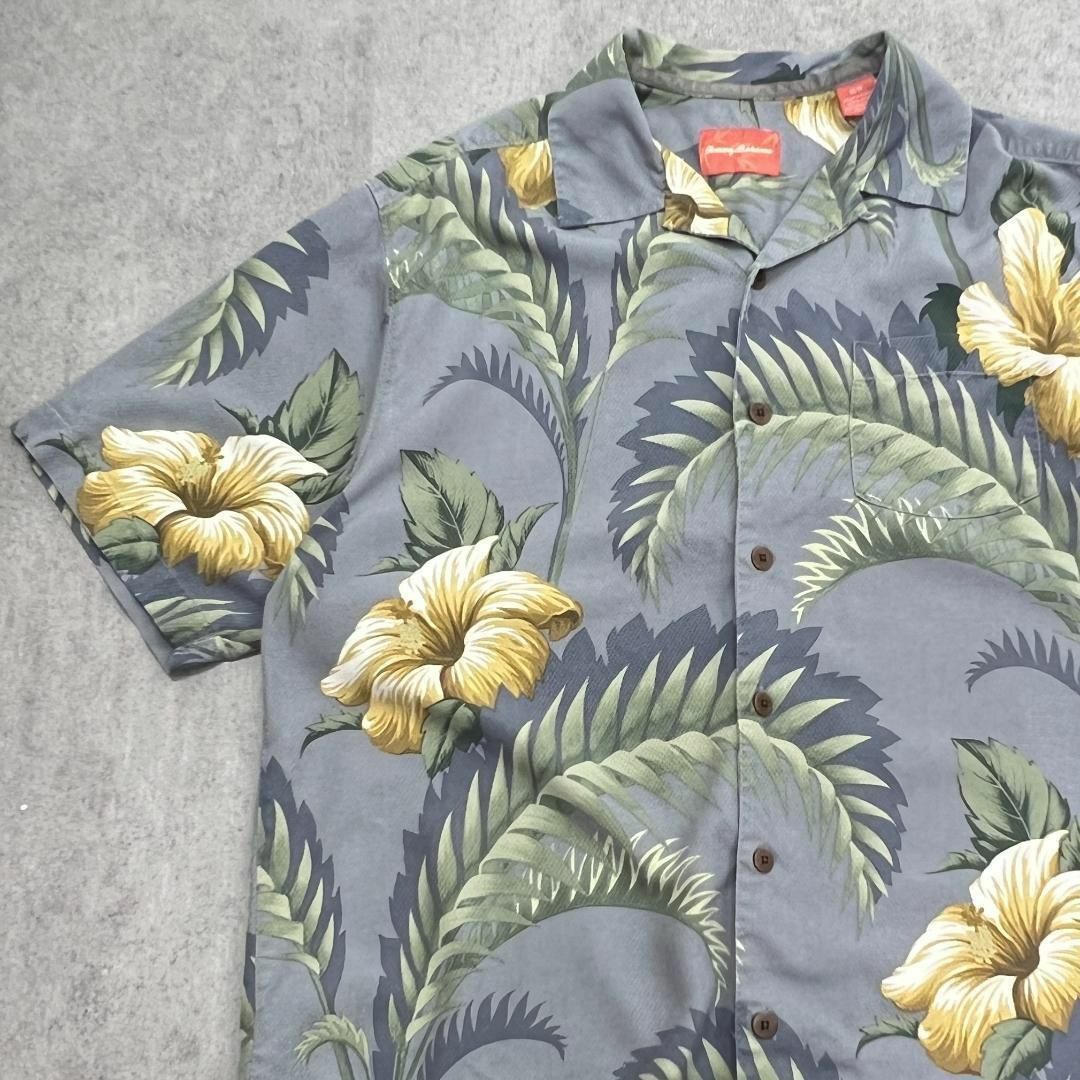 トミーバハマ　オープンカラー　シルク100%　アロハシャツ　古着　グレー　M メンズのトップス(Tシャツ/カットソー(半袖/袖なし))の商品写真