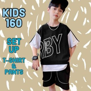 キッズ 男の子 160 ブラック セットアップ tシャツ 短パン 韓国子供服(Tシャツ/カットソー)