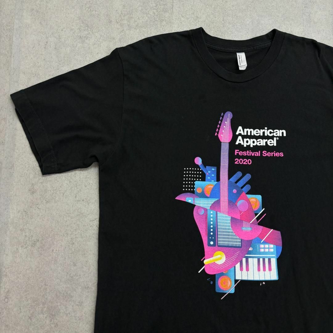 American Apparel(アメリカンアパレル)のギター　ピアノ　楽器イラスト　Tシャツ　古着　ブラック　L メンズのトップス(Tシャツ/カットソー(半袖/袖なし))の商品写真