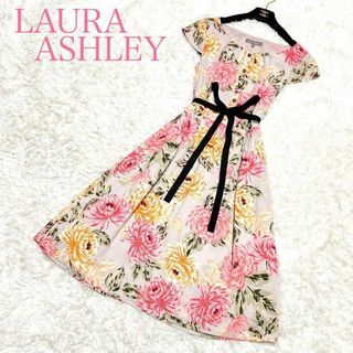 ローラアシュレイ(LAURA ASHLEY)の美品 ローラアシュレイ ひざ丈 ワンピース 9号 M 花柄  総柄 Aライン(ひざ丈ワンピース)