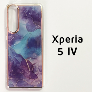 Xperia 5 Ⅳ ブルー パープル マーブル メッキフレーム カバー(Androidケース)