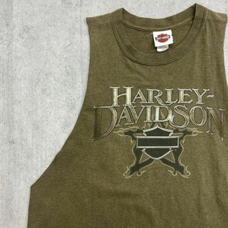 ハーレーダビッドソン(Harley Davidson)のUSA製　ハーレーダビッドソン　ノースリーブ　バイク　古着　モスグリーン　L(タンクトップ)