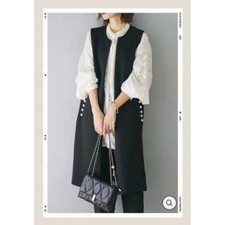 再入荷　ポケットパール ロングベスト　ジレ 黒  frene lumier(ベスト/ジレ)