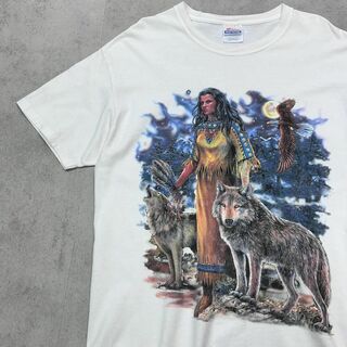 Hanes - 狼と女性　神秘的　民族　鳥　トップス　半袖Tシャツ　古着　ホワイト　L