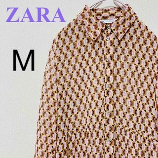 ザラ(ZARA)の【美品】ZARAザラ　長袖シャツ　ロングワンピース　シアー　ティアード　幾何学柄(ロングワンピース/マキシワンピース)