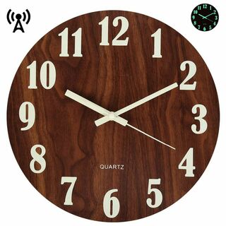 【色: ブラウン】掛け時計 電波 夜光 木製 電波時計 壁掛け, 自動受信 夜間(置時計)