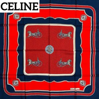 セリーヌ(celine)の★CELINE★ スカーフ 大判 マカダム 馬車 チェック レトロ ネイビー(バンダナ/スカーフ)