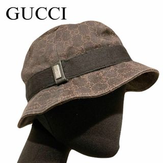 Gucci - 美品 グッチ GG柄 コットン バケットハット S 帽子 ロゴ金具 ブラウン 茶