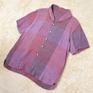 パラスパレス 麻 ショールカラーリネンシャツ パッチワーク 5 XL パープル(シャツ/ブラウス(半袖/袖なし))