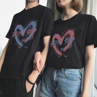 【人気商品】 レディース　ブラック　Ｔシャツ　半袖　カップル　ペア　ハート(Tシャツ(半袖/袖なし))