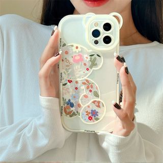 S26☆☆iPhone12proケース レトロ 花柄 クマちゃん スケルトン(iPhoneケース)