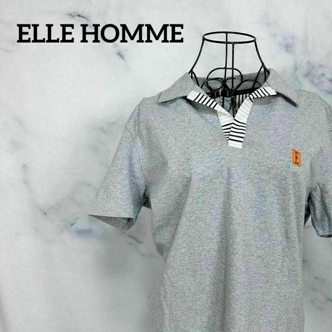 ELLE HOMME（ELLE）(エルオム)のエルオム　ポロシャツ　大きい　XL グレー　ボーダー　ワッペン メンズのトップス(ポロシャツ)の商品写真