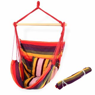 【色: レッド】Rxakudedo ハンモック 木枠付き 丈夫なロープ 抱き枕付(テーブル/チェア)