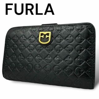 Furla - 現行モデル FURLA 折り財布 金ロゴ 型押し 総柄 コンパクト レザー 黒
