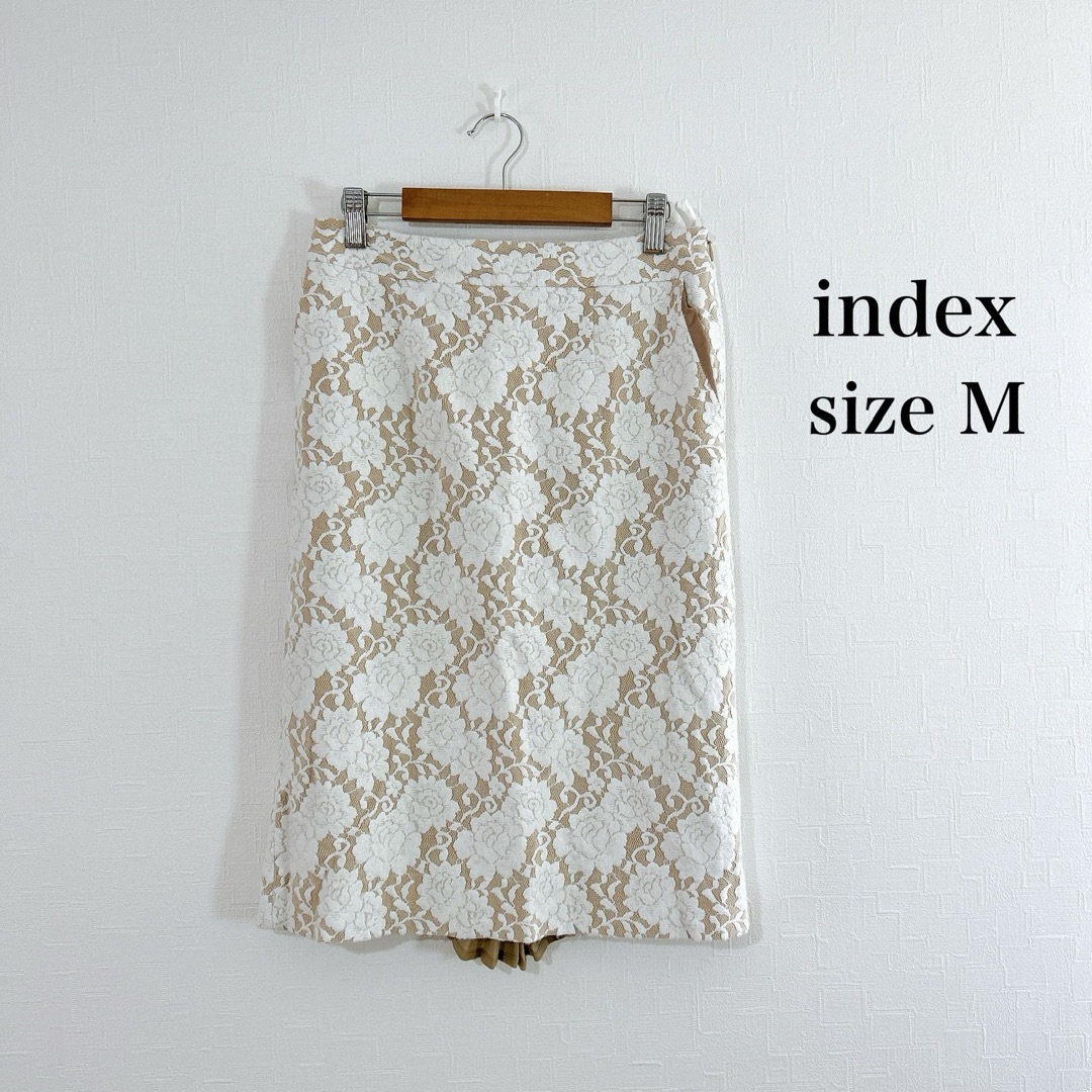 INDEX(インデックス)のindex 花柄レース プリーツ切替 ホワイト ベージュ タイトスカート レディースのスカート(ひざ丈スカート)の商品写真