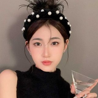 編みボリューム パールベロアカチューシャ幅広 ヘアアクセサリー 髪飾り おしゃれ(カチューシャ)