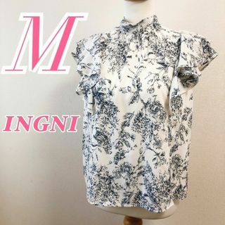 INGNI - イング　長袖ブラウス　M　ブルー　ホワイト　総柄　大人カジュアル　ポリ100%