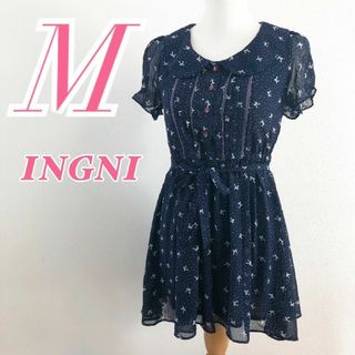 イング(INGNI)のイング　半袖ワンピース　M　ネイビー　ホワイト　シフォン　ドット　水玉　ポリ(ひざ丈ワンピース)