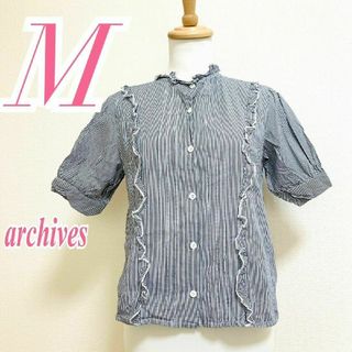 アルシーヴ(archives)のアルシーブ　半袖ブラウス　M　ブルー　ホワイト　ストライプ　フリル　綿100%(シャツ/ブラウス(半袖/袖なし))