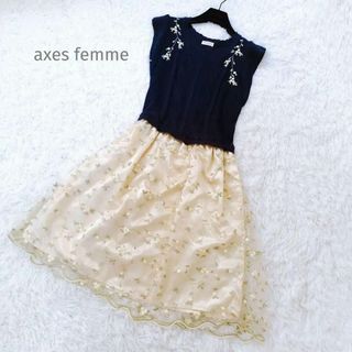 axes femme - axes femme／アクシーズファム／M／花柄刺繍ふわふわガーリーワンピース