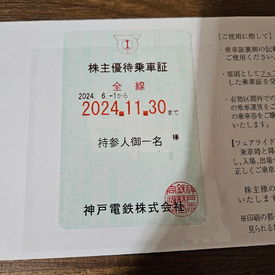 神戸電鉄 株主優待乗車証 定期券タイプ1枚 チケットの優待券/割引券(その他)の商品写真