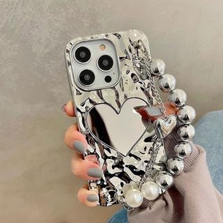 iPhone ケース 14 シルバー ハート 韓国 人気 ミラー スマホケース(iPhoneケース)