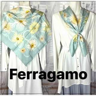 サルヴァトーレフェラガモ(Salvatore Ferragamo)の美品　フェラガモ　Ferragamo お花柄　ミントグリーン　スカーフ(バンダナ/スカーフ)