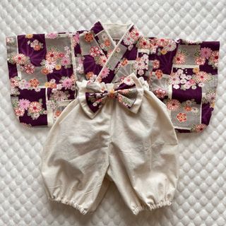 ハンドメイド☆ベビー袴☆菊・麻の葉柄☆生成り(和服/着物)