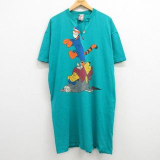 Disney - 古着 半袖 ビンテージ Tシャツ ワンピース レディース 90年代 90s ディズニー DISNEY くまのプーさん ティガー ピグレット 大きいサイズ ロング丈 コットン クルーネック USA製 青緑 24may21 中古