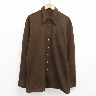 L★古着 長袖 シャツ メンズ 70年代 70s ロング丈 USA製 茶 ブラウン 24may21 中古 トップス(シャツ)