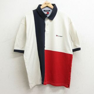 トミーヒルフィガー(TOMMY HILFIGER)のXL★古着 トミーヒルフィガー TOMMY HILFIGER 半袖 ブランド ポロ シャツ メンズ 90年代 90s ワンポイントロゴ マルチカラー 大きいサイズ コットン 鹿の子 白他 ホワイト 24may21 中古 トップス(ポロシャツ)