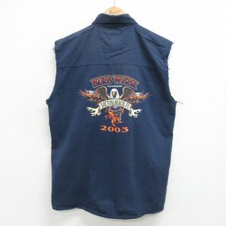 L★古着 ノースリーブ シャツ メンズ 00年代 00s バイクウィーク ワシ コットン 紺 ネイビー 24may21 中古 トップス(シャツ)