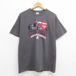 L★古着 半袖 ビンテージ Tシャツ メンズ STELL VALLEY 車 ホットロッド HOT ROD コットン クルーネック 濃グレー系 24may21 中古(Tシャツ/カットソー(半袖/袖なし))