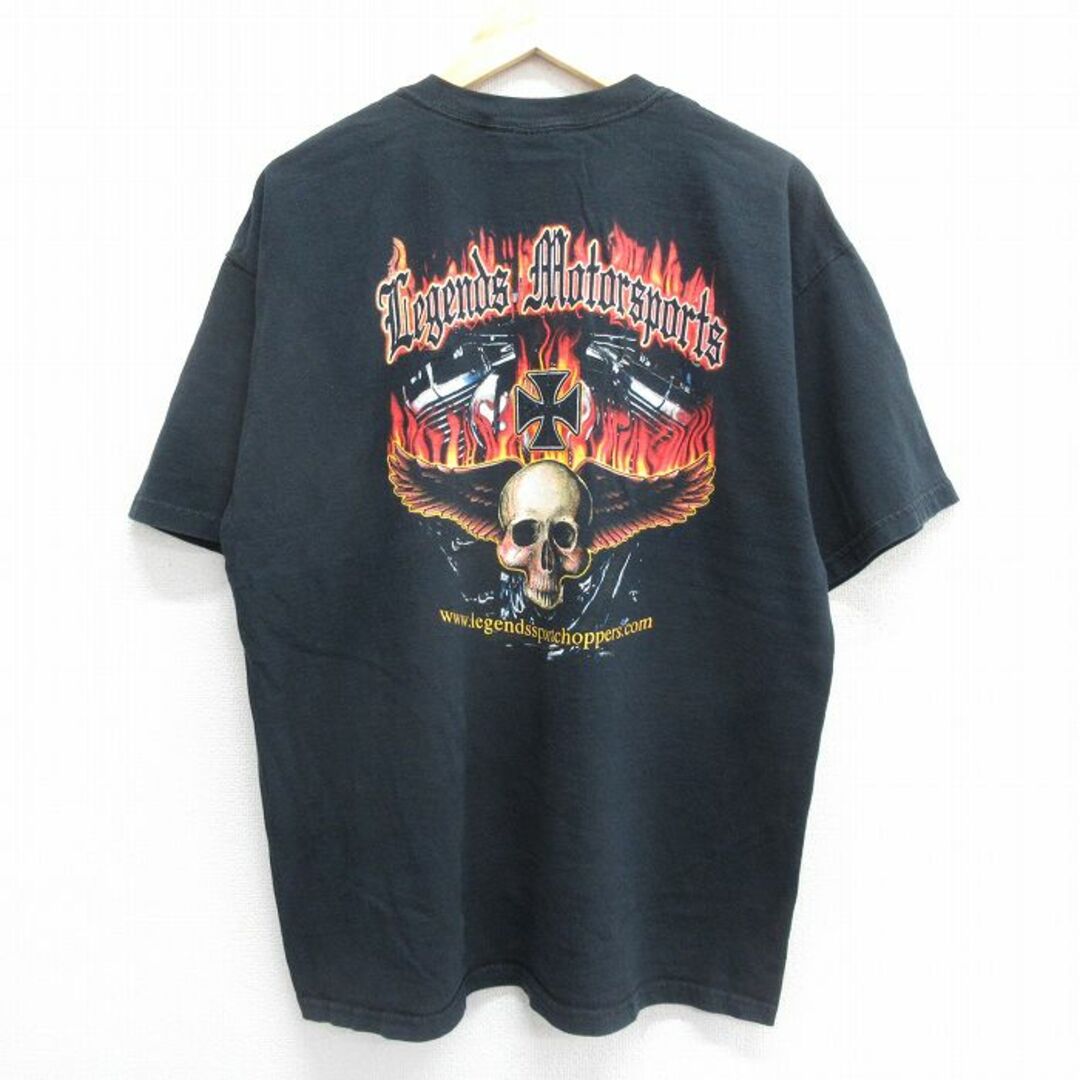 XL★古着 半袖 ビンテージ Tシャツ メンズ 00年代 00s バイク スカル 大きいサイズ コットン クルーネック 黒 ブラック 24may21 中古 メンズのトップス(Tシャツ/カットソー(半袖/袖なし))の商品写真