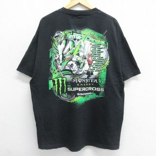 XL★古着 半袖 Tシャツ メンズ バイク モンスター 大きいサイズ コットン クルーネック 黒 ブラック 24may21 中古(Tシャツ/カットソー(半袖/袖なし))